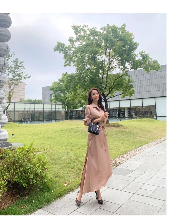 JSXDHK High Quality New Arrival Shirt Long Dress Elegant Fall Women Pink Turn Down Collar Lace Up Fashion Split Office OL Dress