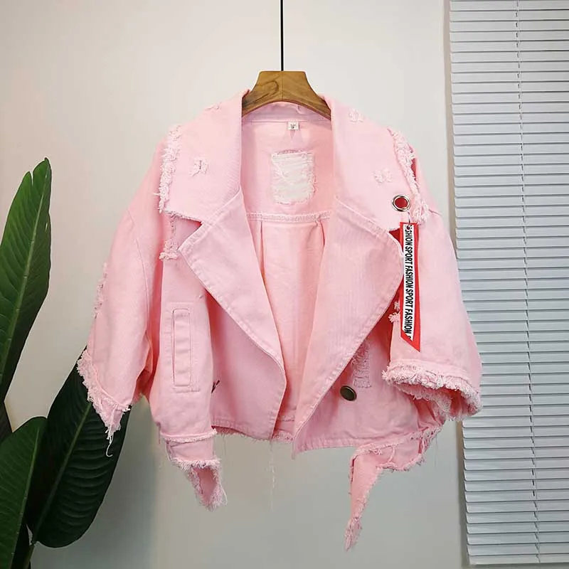 Billige 2019 kurze Denim Jacke Frauen Casual Lose Kühle Mädchen Outwear Frühling Herbst Weibliche Korean Candy Farbe Taschen Loch Jeans Mantel