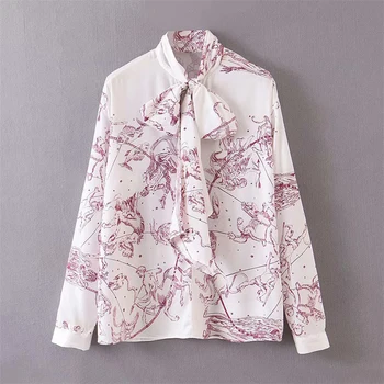 

Elegant bow tie collar print women blouses long sleeve shirt vintage office wear 2019 autumn casual tops blusas mujer