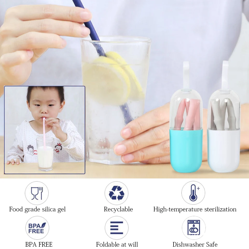 Collapsible Reusable Straw Foldable Silicone Straw Drinking Straws With Cleaning Brush Set for Travel Home Office Bar Drinks