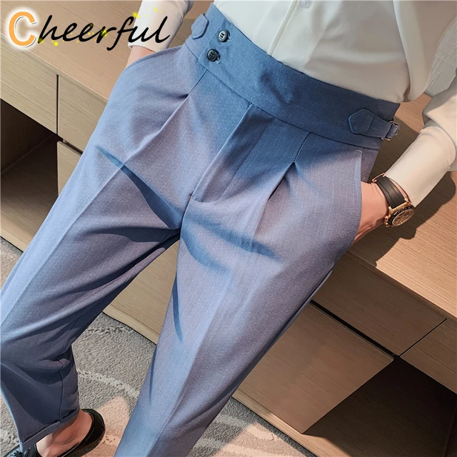 Pantalones de vestir de cintura alta para hombre, traje drapeado de de estilo británico, sencillo, combina con todo, ropa Formal de negocios, pantalones de rayas de corte ajustado 36 - AliExpress