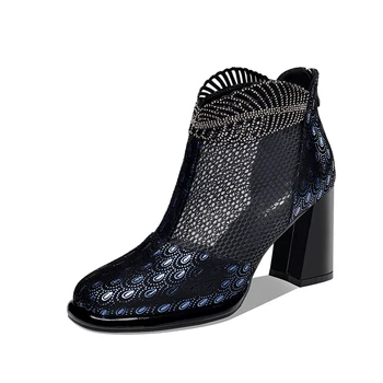 

Summer Genuine Leather Hollow Mesh Women Ankle Boots square Toe high Heels Party Casual Shoes Woman size 41 42 43
