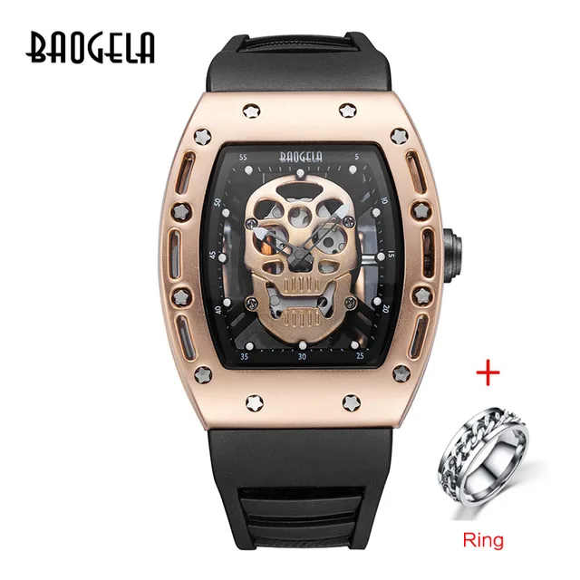 Baogela hommes mode militaire bracelet en Silicone Rectangle cadran crâne visage Sport Quartz montres BGL1612G-1 BGL1612  HMM