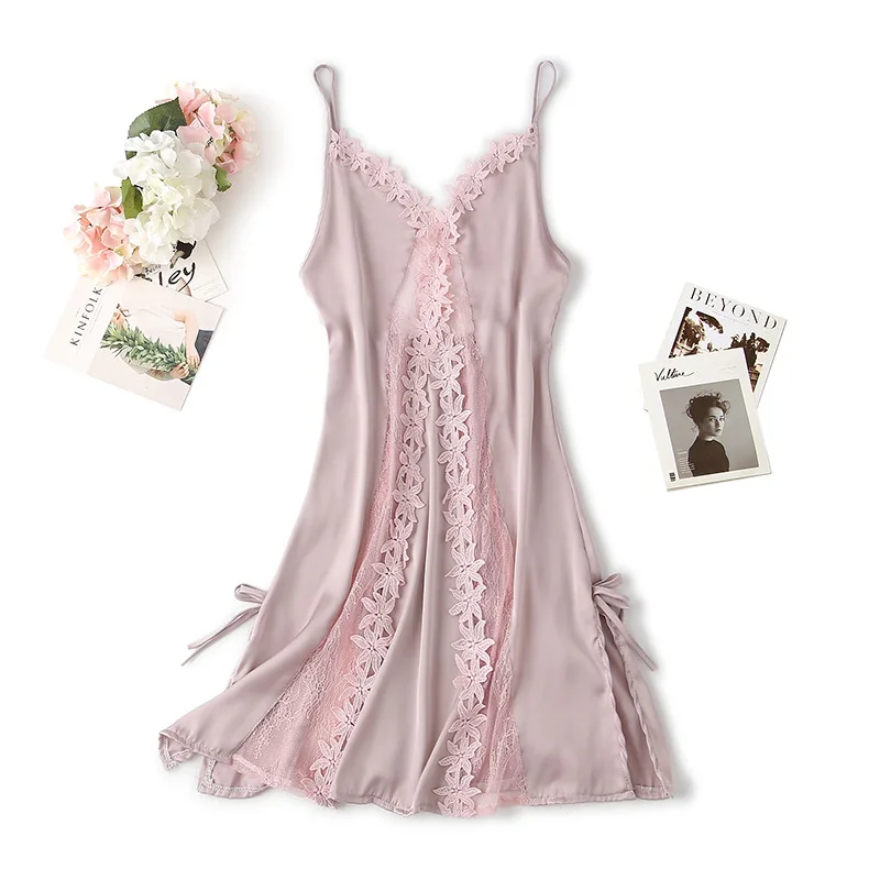 Appliques Sexy Nightgown Satin Women Lace Sleep Dress Loose Hollow Out Nightdress Sleepwear V-Neck Rayon Home Dressing Gown - Image 5