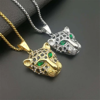 

Hip Hop Jewelry Chunky Stainless Steel Chain Necklaces For Women 2020 Luxury Designs Green Eyes Leopard Head Pendant Men Gifts
