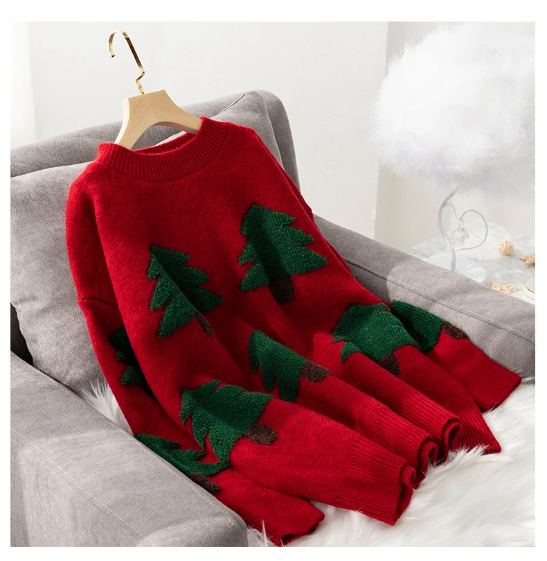 Свободные утолщенные женские свитера с вышивкой рождественской елки, зима, милый Рождественский вязаный теплый пуловер с круглым вырезом, свитера с рисунком