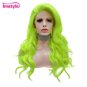 

Imstyle Fluorescent Green Wig Natural Wavy Synthetic Lace Front Wig For Women Heat Resistant Fiber Glueless Party Wig