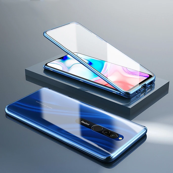 Синий Natrberg 360 Полный Чехол для Xiaomi Redmi 8 чехол магнитный металлический двойной закаленное стекло задняя крышка Жесткий чехол для Redmi 8A 8 A Pro Чехол - Цвет: Синий
