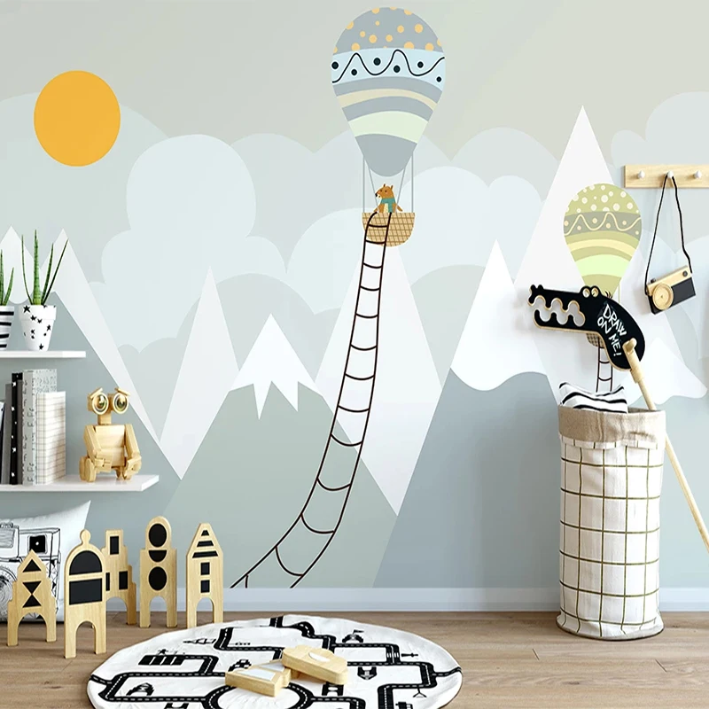 papel de parede personalizado moderno balao ar quente pintado mao mural parede quarto criancas 01