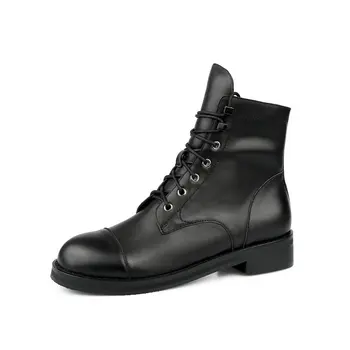 

Genuine Leather low Heels Women Ankle Boots Shoes Woman Autumn Winter Round Toe Cross-tied Motocycle Boots size 41 42 43