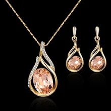 Cute Female Champagne Crystal Jewelry Set Charm Gold Color Dangle Earrings For Women Boho Zircon Stone Wedding Chain Necklace