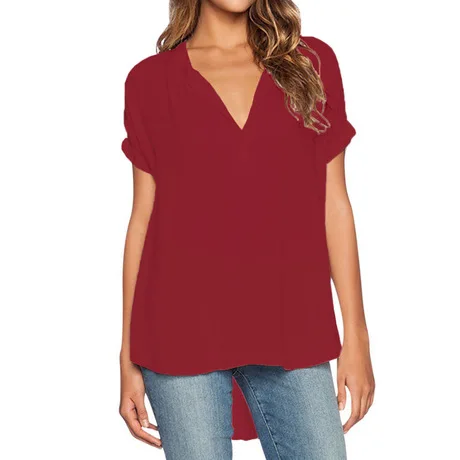 US $19.92 Ladies Casual Top Chiffon Short Sleeve V-Neck Short Sleeve Solid Color Loose Top Pullover