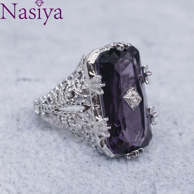 925 Silver Ring Chamfer Rectangular Amethyst Princess Gemstone Ring Hollow Flower Female Ring Jewelry For Women 925 Silver Ring Chamfer Rectangular Amethyst Princess Gemstone Ring Hollow Flower Female Ring Jewelry For Women