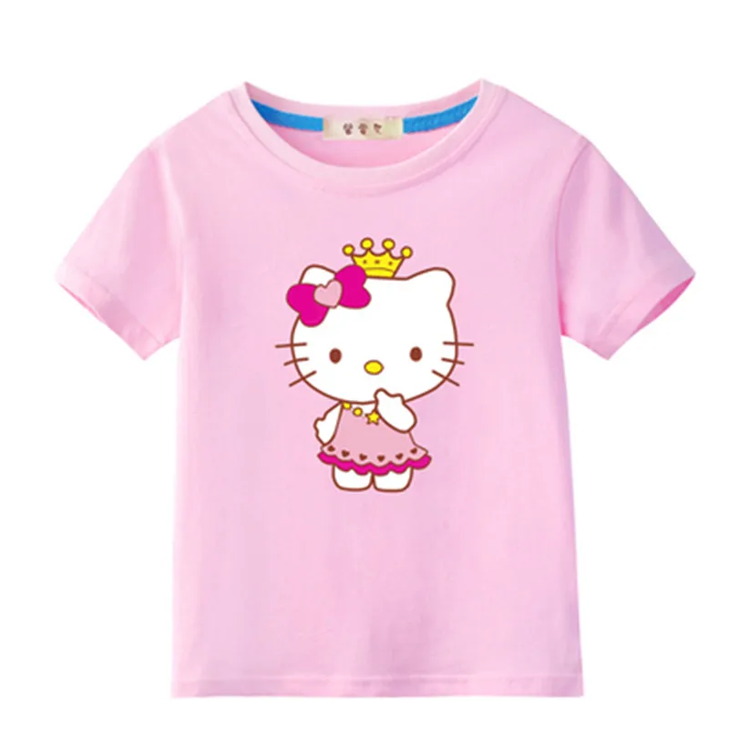 Hello kitty/Летняя футболка принцессы для девочек; Детские хлопковые топы; футболки; детская одежда для дня рождения; одежда для малышей; костюм - Цвет: Pink