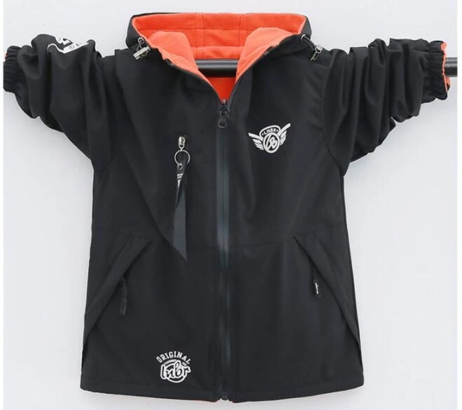 Детская зимняя куртка для мальчиков; утепленная бархатная теплая Повседневная куртка; Двусторонняя одежда для походов; хлопковая одежда с капюшоном; От 5 до 15 лет - Цвет: Черный