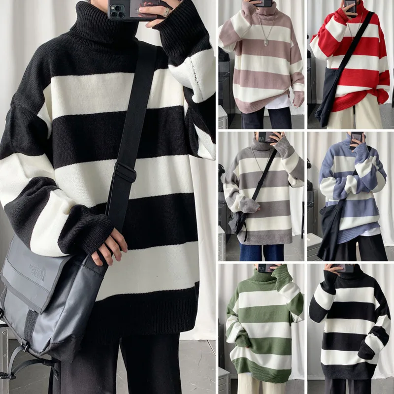 

Korean Striped Turtleneck Sweater Men's Warm Fashion Casual Knitted Pullover Men Loose Winter Knitting Sweaters Mens Clothes