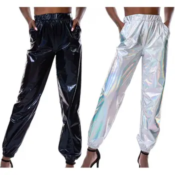 

Womens Glitter Metallic Jogger Pants Holographic Sweatpant Beam Foot Harem Hip Hop Dance Trousers Club Streetwear with Pockets