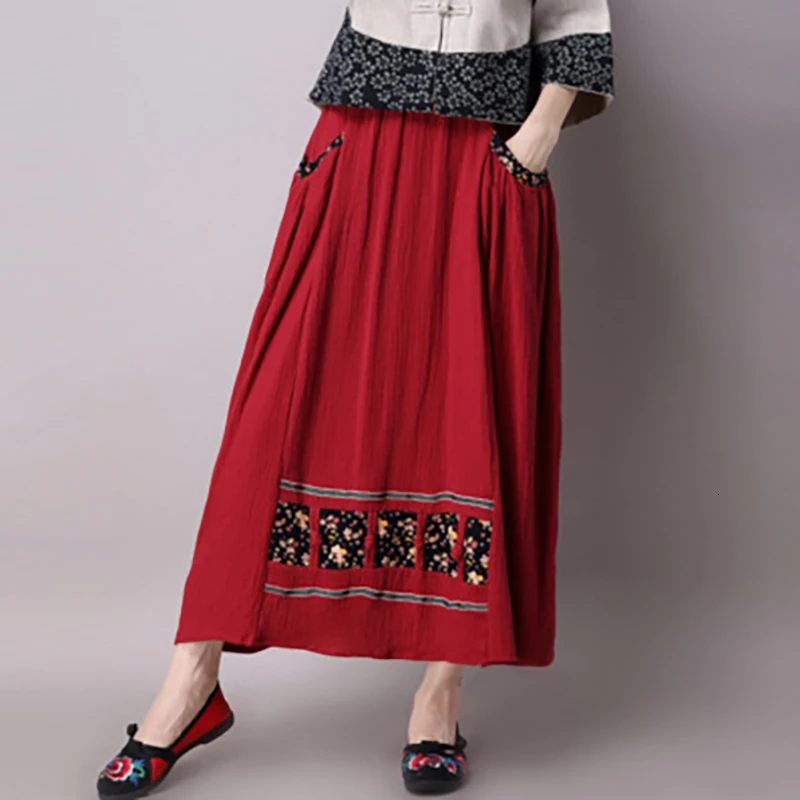 Red Skirt(One Size) Китайское платье Чонсам с национальным цветочным принтом для женщин, юбка с вышивкой, тангsuit Qipao, льняные платья с длинными рукавами, элегантные - Цвет: Red Skirt(One Size)