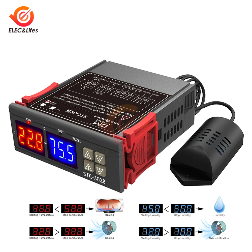 

Digital Thermostat Temperature Humidity controller STC-3028 12V 24V 220V 10A Relay Home Thermoregulator Hygrometer for incubator