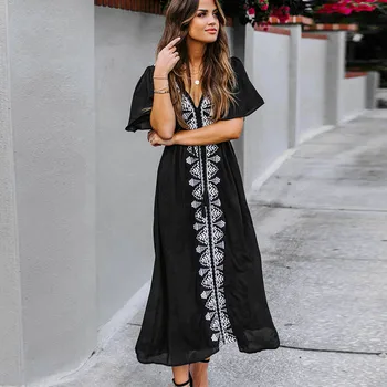 

Boho Ethnic Style Swimsuit V Neck Ruffle Sleeve Women's Classic Trousers Embroidered Loose Beach Dress Bathing Suit Cover Up New