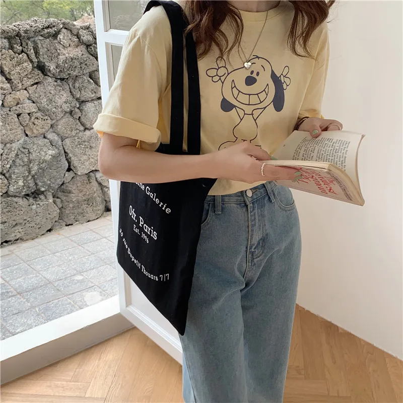 Women Canvas Shoulder Bag Paris Letters Print Shopping Bag Eco Cotton Linen Shopper Bags Cloth Fabric Handbag Tote For Girls