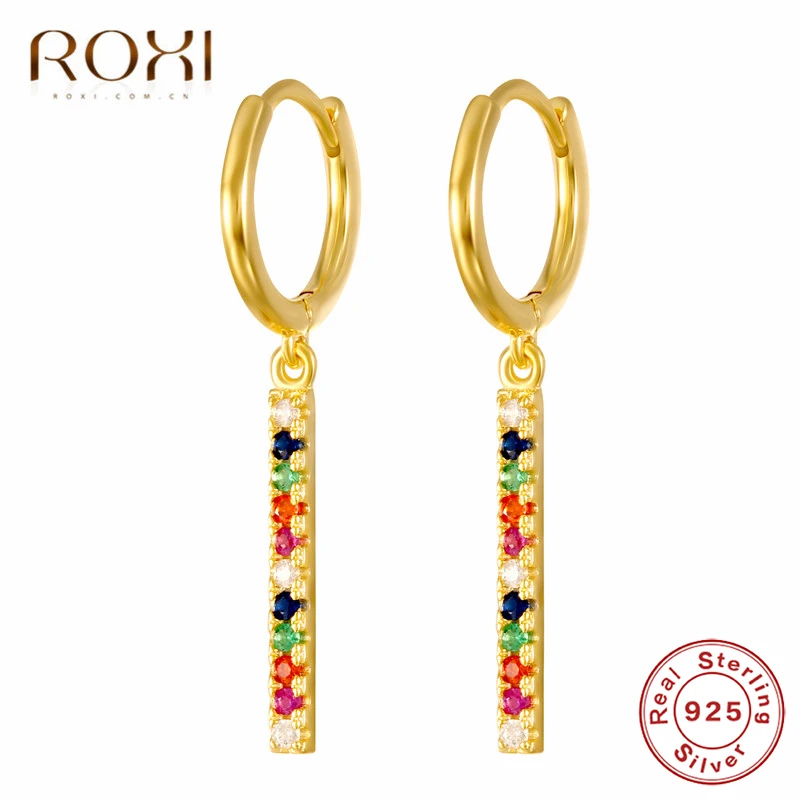 ROXI, простой дизайн, 925 пробы, Серебряные длинные серьги, Золотая Радуга, CZ Huggie, ювелирные изделия для женщин, дешевые корейские сережки-шпильки, Brincos