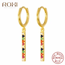ROXI, простой дизайн, 925 пробы, Серебряные длинные серьги, Золотая Радуга, CZ Huggie, ювелирные изделия для женщин, дешевые корейские сережки-шпильки, Brincos
