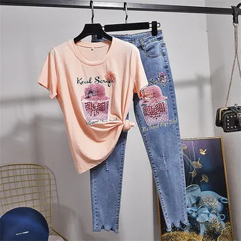 

Summer Fashion Beading Print Cotton T shirt Long sleeve Pencil Denim Pants Set Female Loose O-Neck Tee Shirt Frayed Jeans 2pcs
