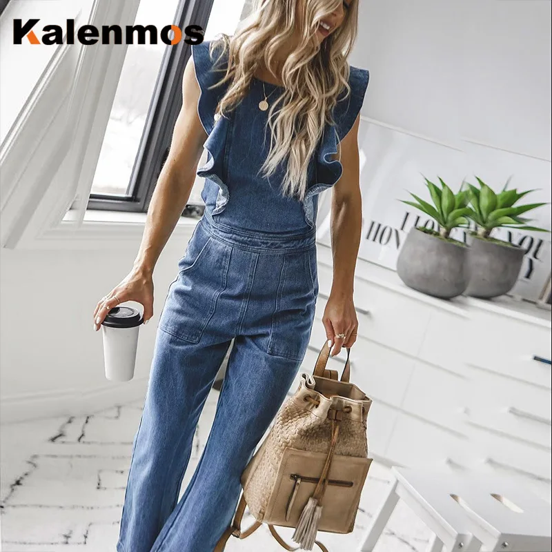 Женский джинсовый комбинезон KALENMOS с оборками и открытой спинкой для работы