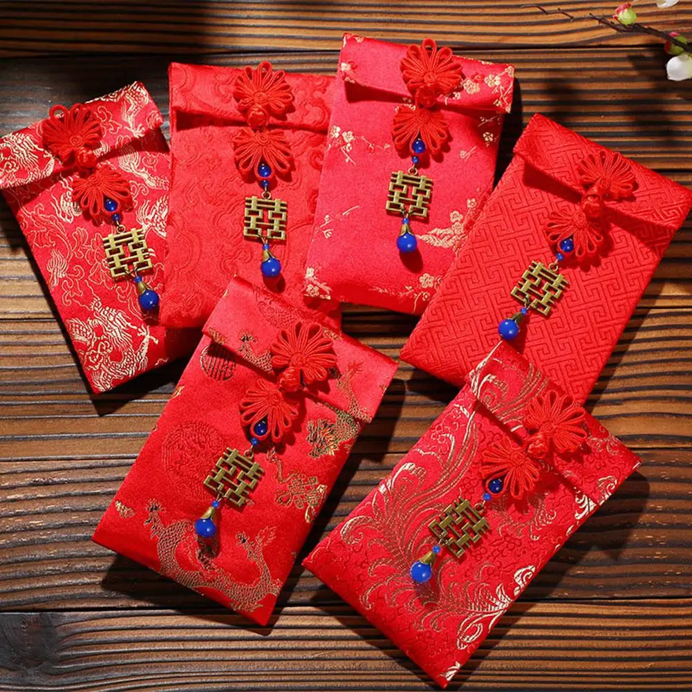 Sobre rojo chino de bettrothal, bolsa de regalo, bolsillo de dinero Floral exquisito, bolsas de borlas de boda con brocado de alta calidad, paño de nudo