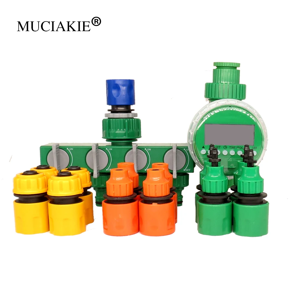 

MUCIAKIE Garden Water Timer with 4-Way Hose Splitter Automatic Watering Irrigation Controller Adapter 1/4-in 3/8-in 1/2-in Hose