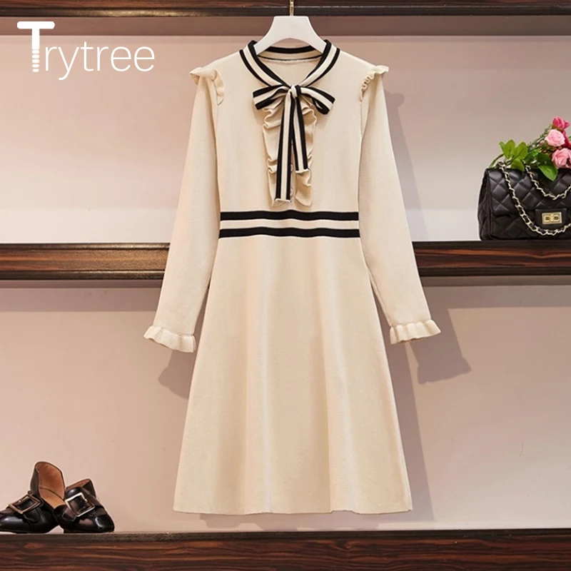 Najtaniej Trytree 2019 jesienno zimowa damska casualowa sukienka z lamówką elegancka, z kokardą Patchwork 3 kolor line luźna moda urząd Lady Mini sukienka