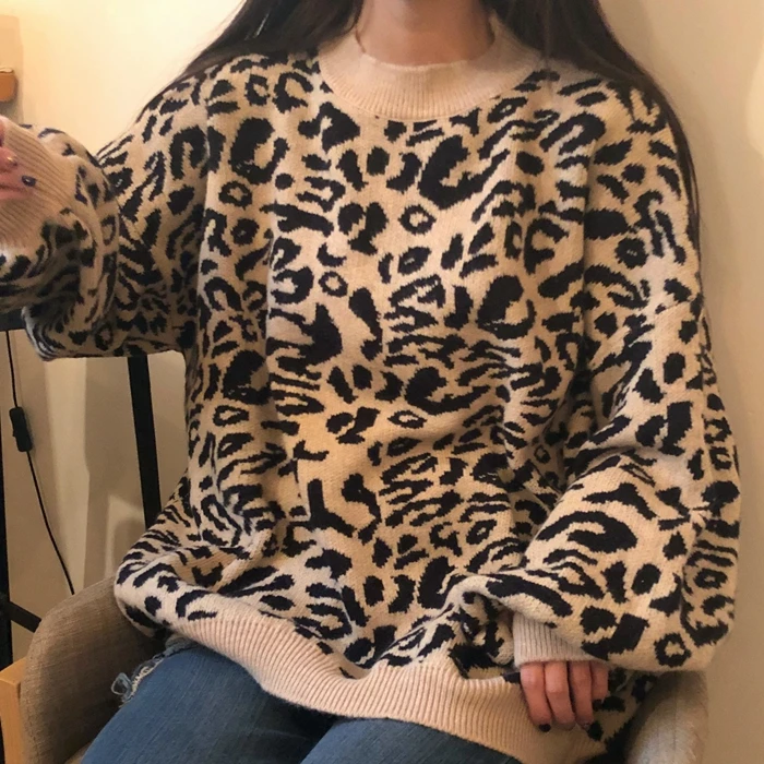 Вязаный свитер с леопардовой раскраской Женский Осенний размера плюс рукав летучая мышь над размером свободный толстый теплый женский зимний вязание свитера пуловер
