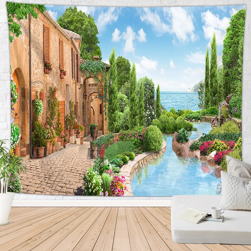 Landschaft Tapisserie Retro Europäischen Urlaub Dekoration Natürliche Landschaft Meer Berg Strand Schlafsaal Wohnkultur INS Für Balkon – Detail 7