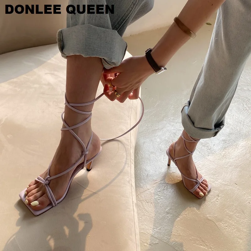 Women Shoes Gladiator Strappy Flat Open Toe Lace Up Criss Cross Strap Ankle Wrap Summer Beach Thongs Sandals Challyhope 