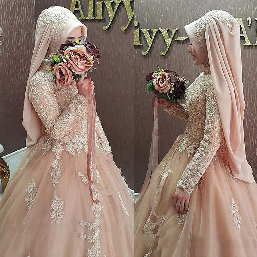 Vestido De Noiva элегантный длинный рукав мусульманский с высокой шеей Свадебные платья с хиджабом Тюль Кружева Аппликация исламские Свадебные платья