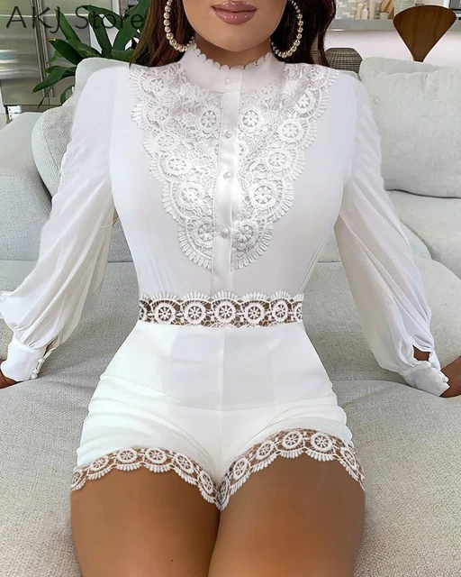 Women´s Lace Mesh Tops Long Sleeve Rhinestone Embroidered Floral