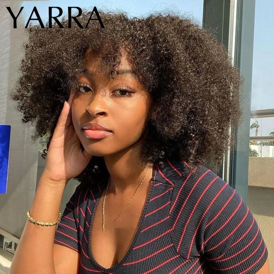 Afro Kinky Curly Human Hair Wig For Black Women With Bangs Full Machine Made Brazilian Remy Hair 16 Inches 180 Density YARRA 1