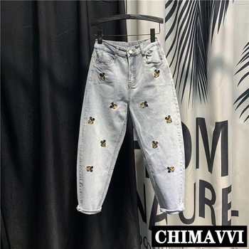

European High Waist Slim Jeans Women Spring Summer 2020 New Korean Retro Cartoon Printed Harem Pants Loose Denim Trousers