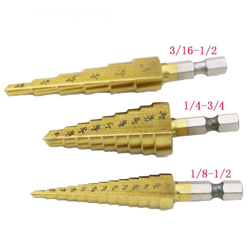 3/16-1/2 ''1/4-3/4'' 1/8-1/2 ''треугольная ручка с прямым желобом, набор сверл для лестницы, набор из 3 высокоскоростных стальных ступенчатых конусных сверл