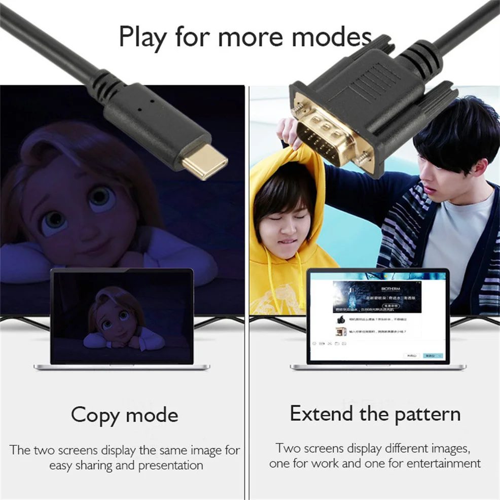 1080P Type-C To VGA Type-C Revolution To VGA Conversion Data Cable For Laptop UHD External Video Projector 1.8M