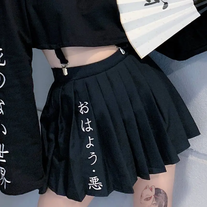 Летний сексуальный клуб Готический шик черный Harajuku женские мини юбки Корейская плиссированная вышивка Высокая талия женские модные юбки