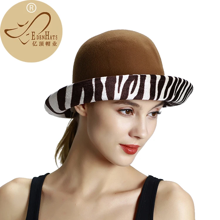 Winter Wool Felt hat 2-Tone Fedora Wool Felt Band Hat with Leopard brim Wide Brim Hat W10-4486