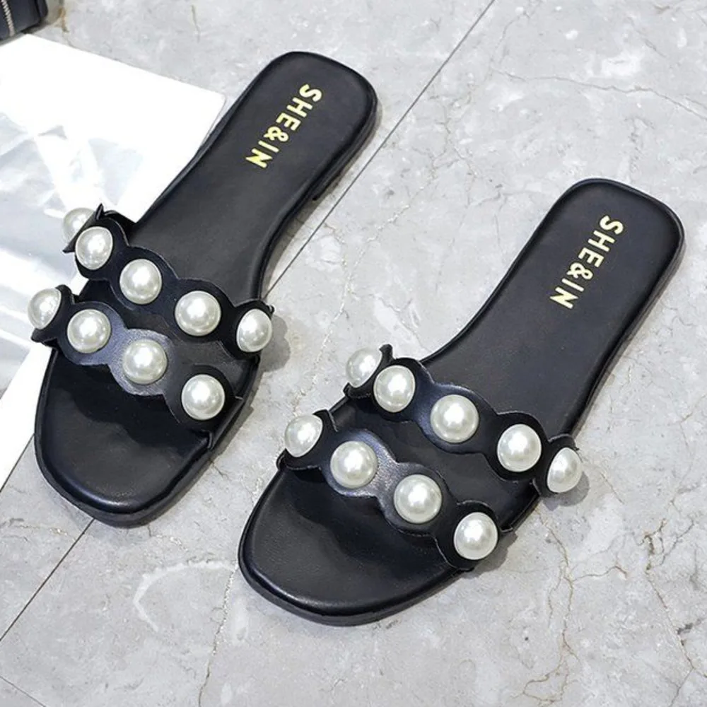 

Open Pearl Slippers Women Toe Mules Shoes Woman Summer Slides Flip Flops