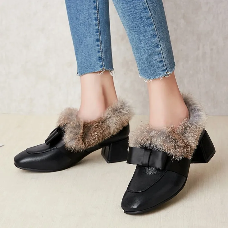 

US4-11 Womens Square Toe Real Rabbit Fur Sequins Bowknot Block Chunky Heel Warm Ankle Boots Winter Shoes 3Colors Plus Size A1440