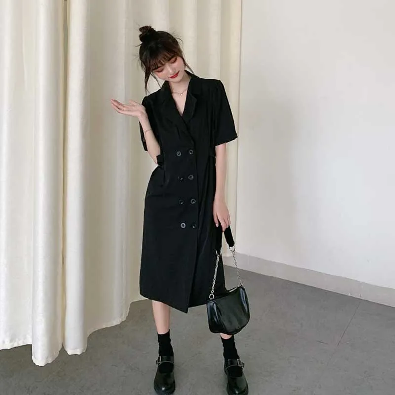 One-Piece Korean Plus Size Dress Women 2020 Summer New Vintage Fashion Double Breasted Dress Lady Elegant Office Dress Vestidos