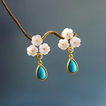 

S925 Silver Accessories Clothing All-match Women's Turquoise Shell Ear Stud