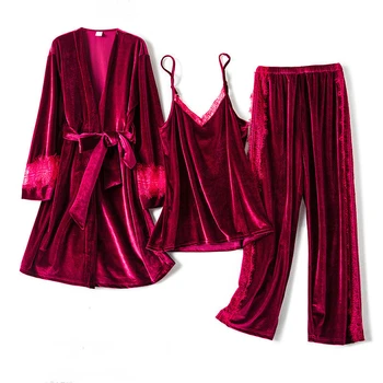 

3 Pieces Winter Sleepwear Gold velvet Pajamas Set Women Sexy Lace Velvet Pyjama Warm Sexy Pajamas Long Sleeves Sleepwear Set