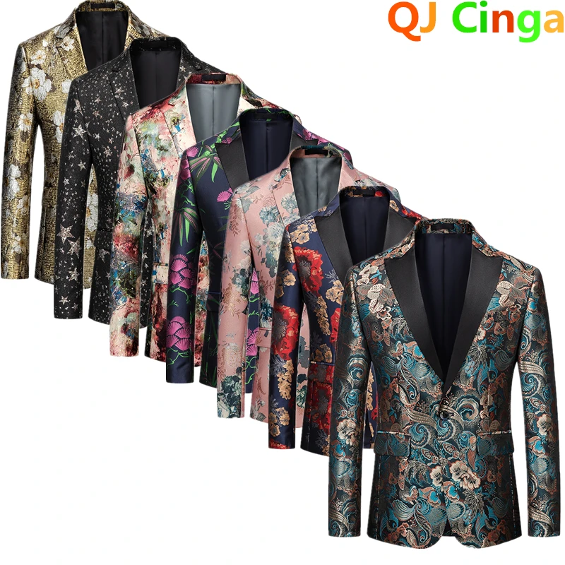 Single Breasted Men's Long Sleeve Printed Suit Jacket Fashion Trim Men Dress Coat Wedding Business Blazer M-5XL 6XL