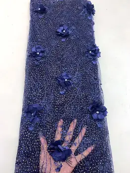 

2020 BLULE color 3d flower handmade beaded embroidery lace fabric African new design lace factory price 5yards per lot